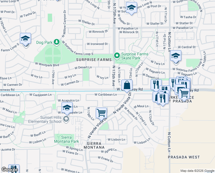 map of restaurants, bars, coffee shops, grocery stores, and more near 17508 West Caribbean Lane in Surprise