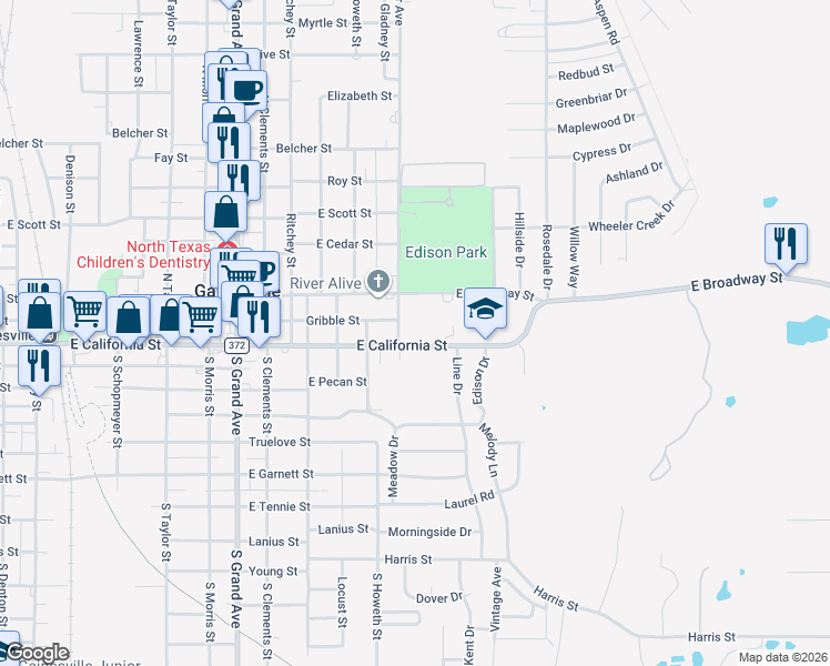 map of restaurants, bars, coffee shops, grocery stores, and more near 1704 East California Street in Gainesville