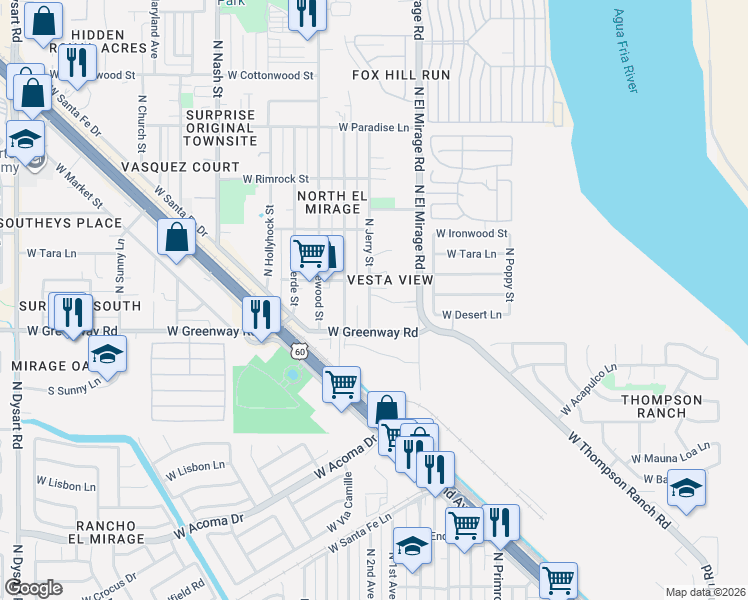 map of restaurants, bars, coffee shops, grocery stores, and more near 15427 North Jerry Street in Surprise