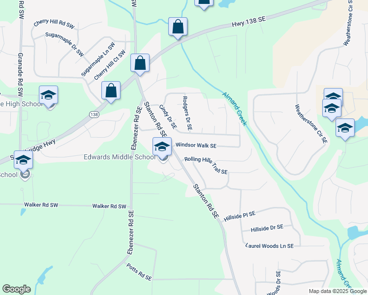 map of restaurants, bars, coffee shops, grocery stores, and more near 1620 Rolling Hills Trail Southeast in Conyers