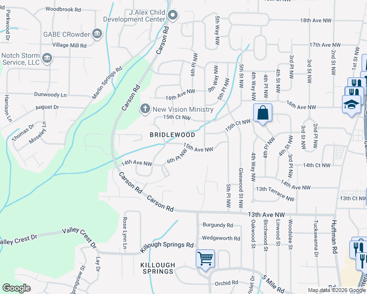 map of restaurants, bars, coffee shops, grocery stores, and more near 621 15th Avenue Northwest in Center Point