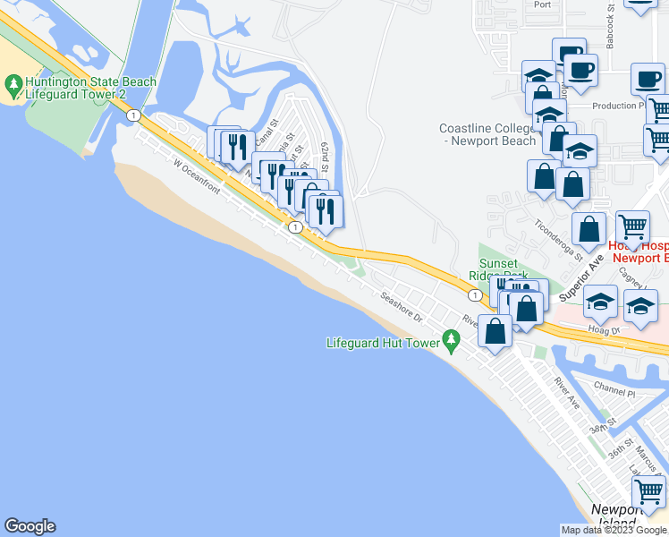 map of restaurants, bars, coffee shops, grocery stores, and more near 5803 Seashore Drive in Newport Beach