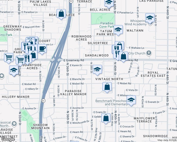 map of restaurants, bars, coffee shops, grocery stores, and more near 15217 North 37th Way in Phoenix