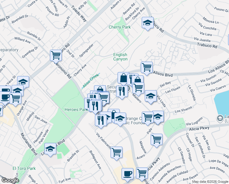 map of restaurants, bars, coffee shops, grocery stores, and more near 14 Wesley Way in Mission Viejo