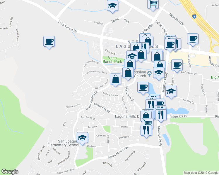 map of restaurants, bars, coffee shops, grocery stores, and more near 23261 Caminito Andreta in Laguna Hills
