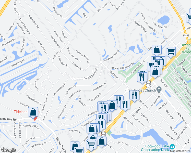 map of restaurants, bars, coffee shops, grocery stores, and more near 1121 Plantation Drive in Myrtle Beach