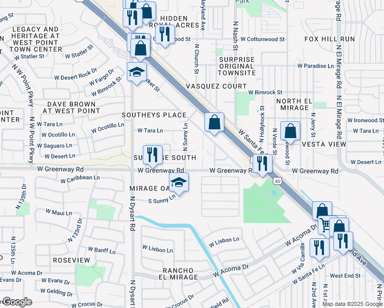 map of restaurants, bars, coffee shops, grocery stores, and more near 12826 West Greenway Road in Surprise