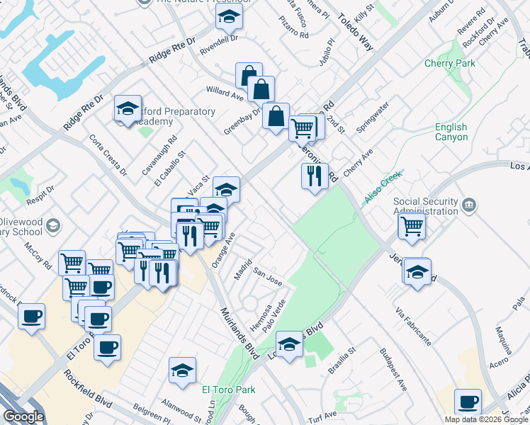map of restaurants, bars, coffee shops, grocery stores, and more near 23214 Orange Avenue in Lake Forest