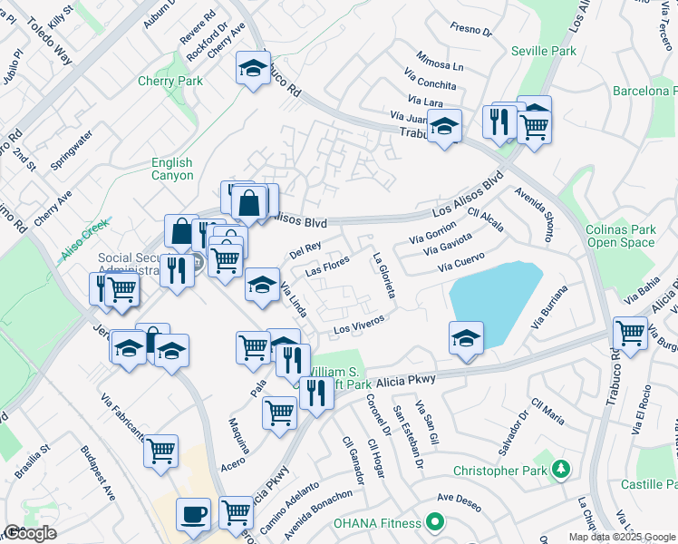 map of restaurants, bars, coffee shops, grocery stores, and more near 26162 La Real in Mission Viejo