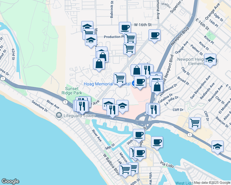map of restaurants, bars, coffee shops, grocery stores, and more near 260 Cagney Lane in Newport Beach