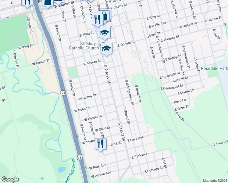 map of restaurants, bars, coffee shops, grocery stores, and more near 1201 South Travis Street in Sherman