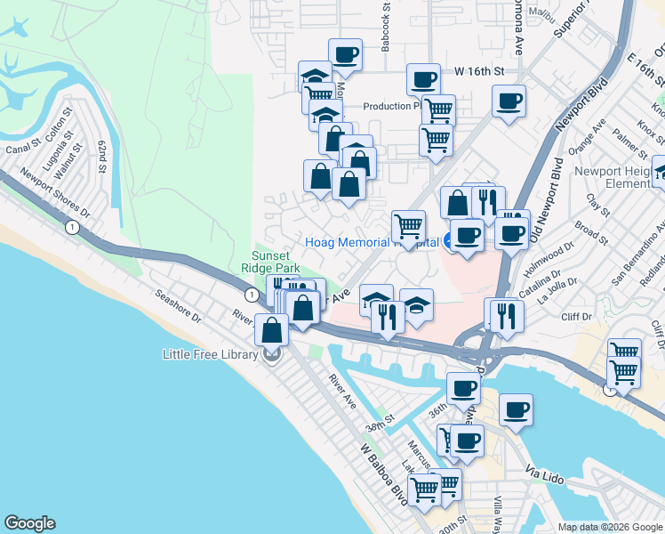 map of restaurants, bars, coffee shops, grocery stores, and more near 5 Tribute Court in Newport Beach