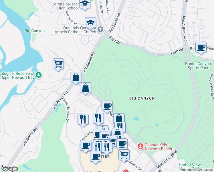 map of restaurants, bars, coffee shops, grocery stores, and more near 11 Rue Saint Cloud in Newport Beach