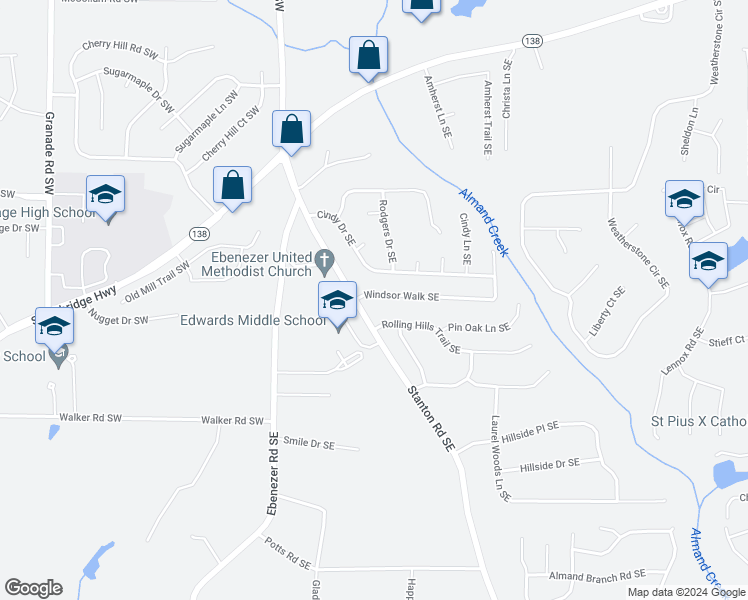 map of restaurants, bars, coffee shops, grocery stores, and more near 305 Windsor Walk Southeast in Conyers