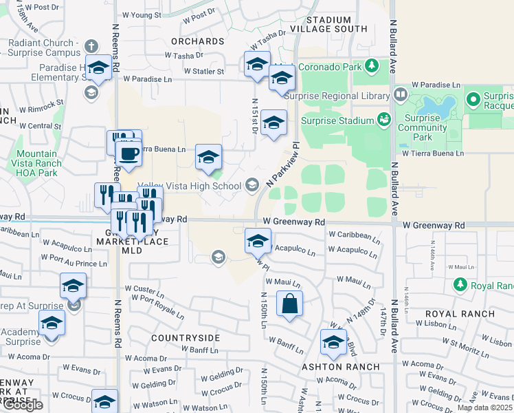 map of restaurants, bars, coffee shops, grocery stores, and more near 15550 North Parkview Place in Surprise