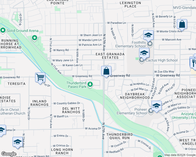 map of restaurants, bars, coffee shops, grocery stores, and more near 15255 North 67th Drive in Peoria