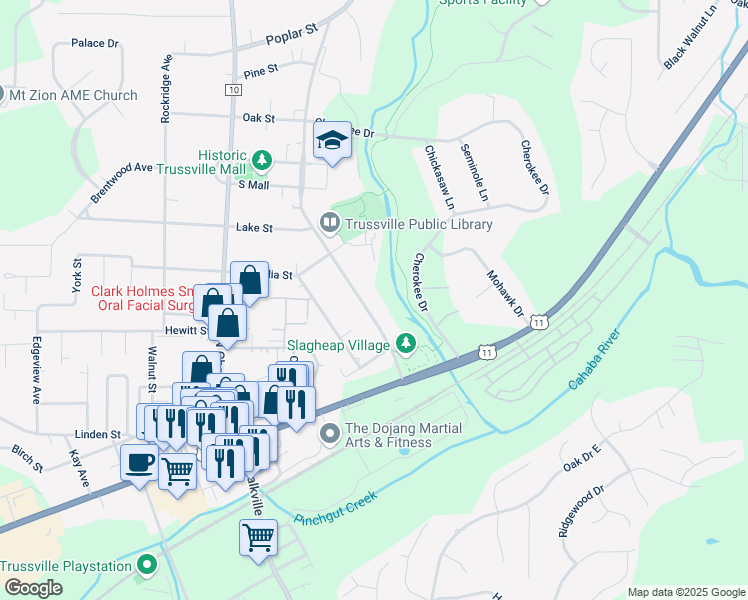 map of restaurants, bars, coffee shops, grocery stores, and more near 117 Parkway Drive in Trussville