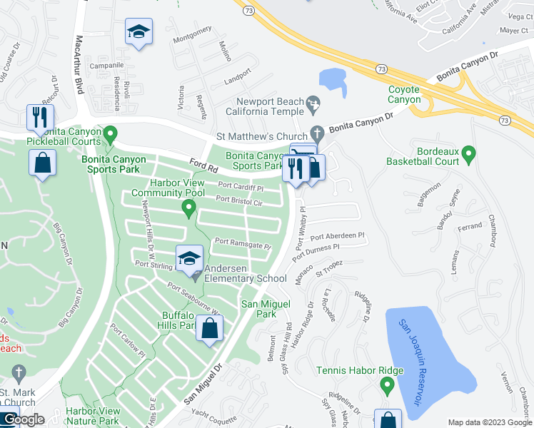map of restaurants, bars, coffee shops, grocery stores, and more near 2030 Port Weybridge Place in Newport Beach