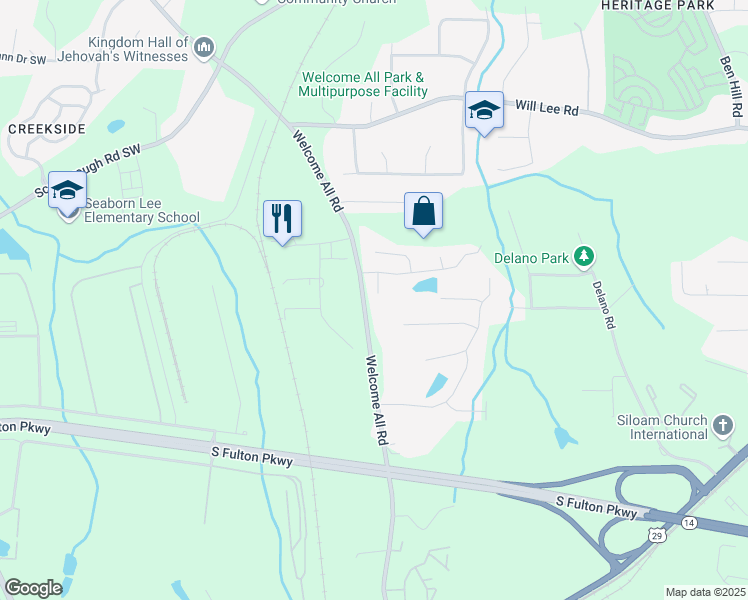 map of restaurants, bars, coffee shops, grocery stores, and more near 445 Skif Pond Court in Atlanta
