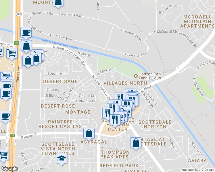 map of restaurants, bars, coffee shops, grocery stores, and more near 15152 North Frank Lloyd Wright Boulevard in Scottsdale
