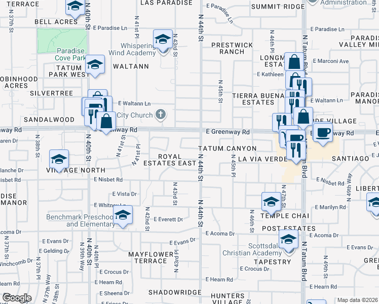 map of restaurants, bars, coffee shops, grocery stores, and more near 4335 East Janice Way in Phoenix