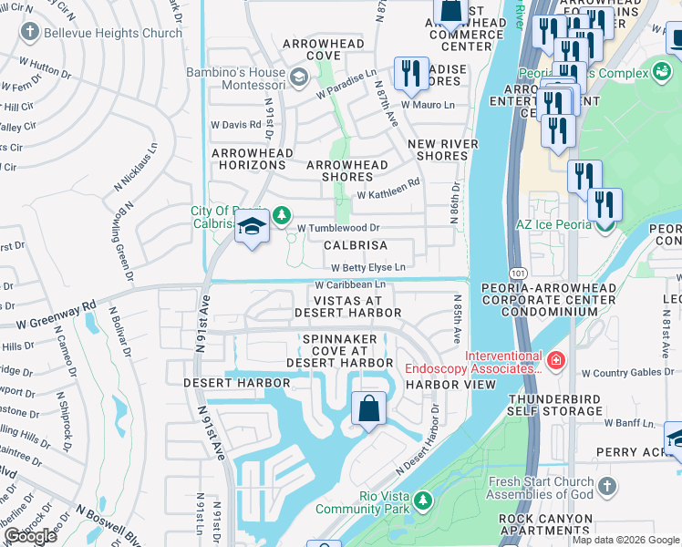 map of restaurants, bars, coffee shops, grocery stores, and more near 8771 West Caribbean Lane in Peoria