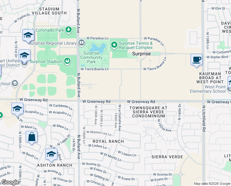 map of restaurants, bars, coffee shops, grocery stores, and more near 15510 North La Cometa Avenue in Surprise