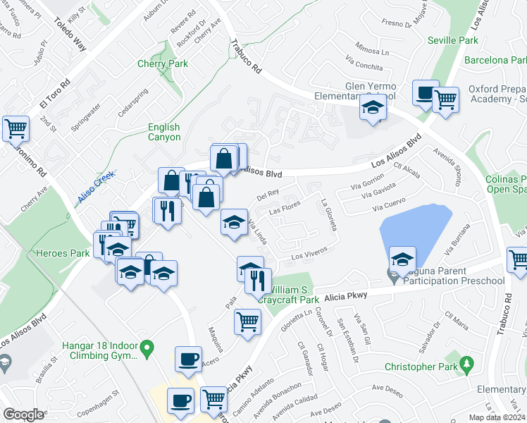 map of restaurants, bars, coffee shops, grocery stores, and more near 23301 La Crescenta in Mission Viejo