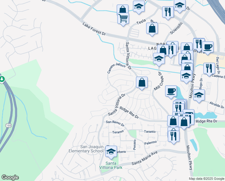 map of restaurants, bars, coffee shops, grocery stores, and more near 22182 Caminito Zaragoza in Laguna Hills