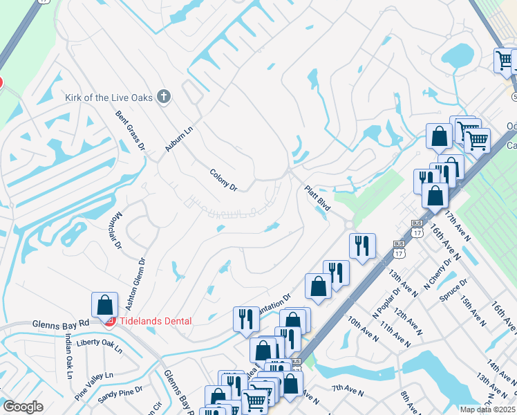 map of restaurants, bars, coffee shops, grocery stores, and more near 213 Double Eagle Drive in Myrtle Beach