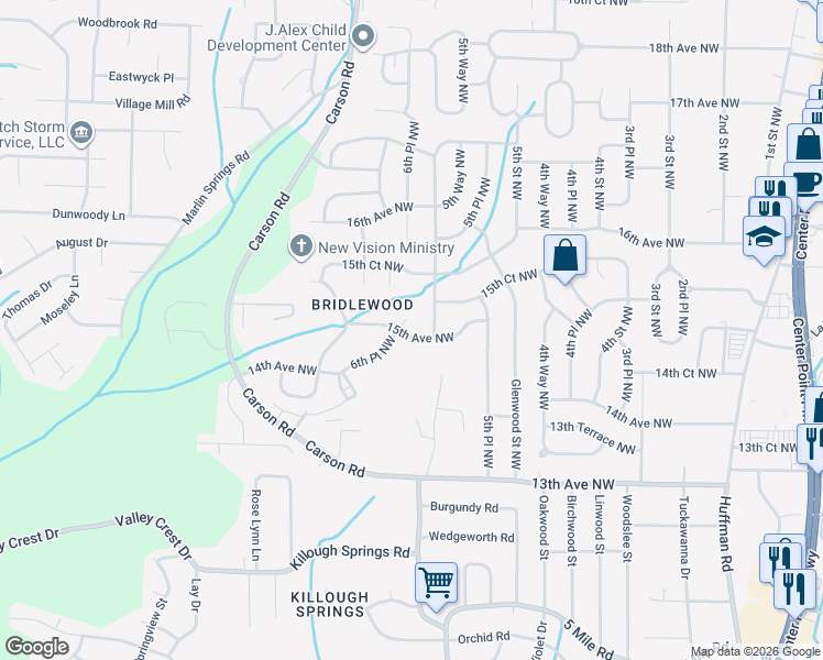 map of restaurants, bars, coffee shops, grocery stores, and more near 601 15th Avenue Northwest in Center Point