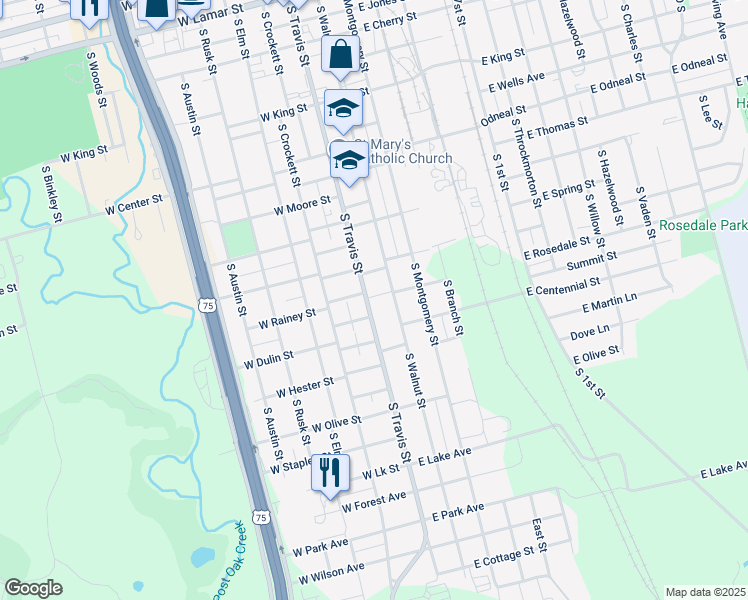 map of restaurants, bars, coffee shops, grocery stores, and more near 1212 South Travis Street in Sherman