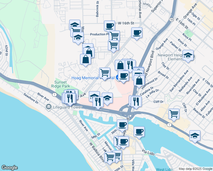 map of restaurants, bars, coffee shops, grocery stores, and more near 102 Scholz Plaza in Newport Beach