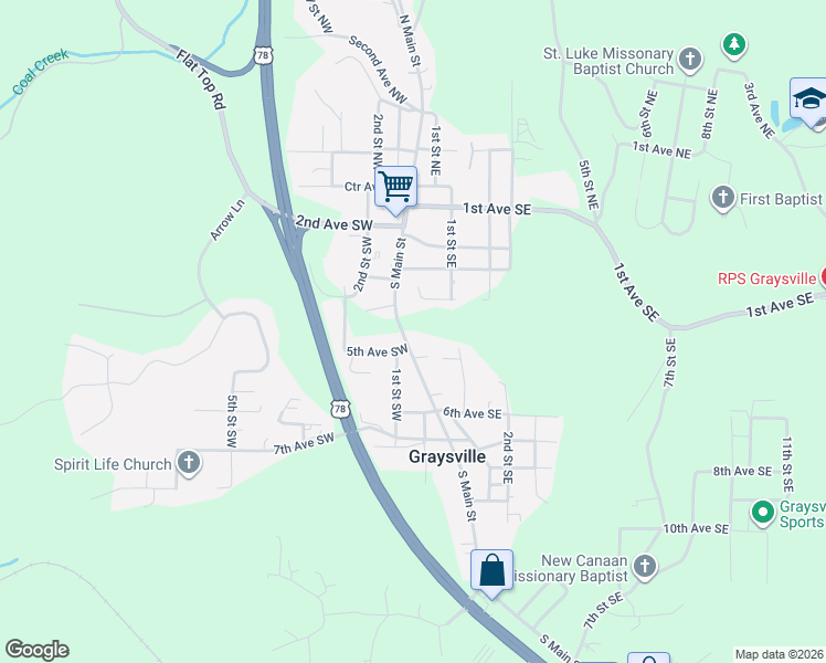 map of restaurants, bars, coffee shops, grocery stores, and more near 506 South Main Street in Graysville