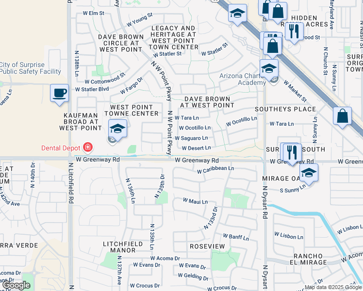 map of restaurants, bars, coffee shops, grocery stores, and more near 13447 West Desert Lane in Surprise