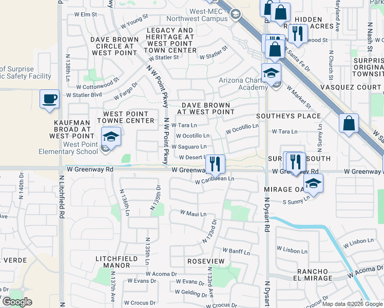 map of restaurants, bars, coffee shops, grocery stores, and more near 13392 West Desert Lane in Surprise