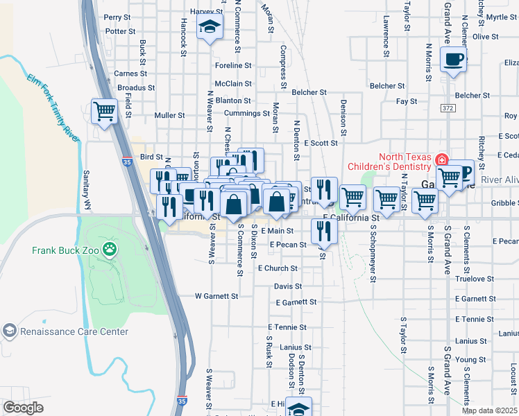 map of restaurants, bars, coffee shops, grocery stores, and more near 200 East California Street in Gainesville