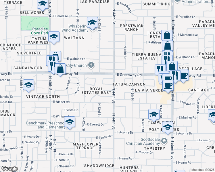 map of restaurants, bars, coffee shops, grocery stores, and more near 4335 East Janice Way in Phoenix