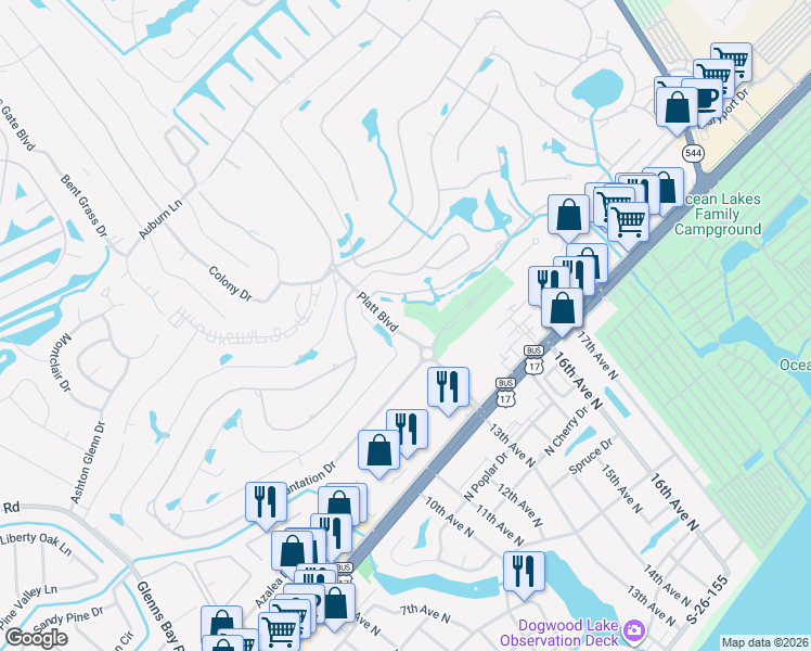 map of restaurants, bars, coffee shops, grocery stores, and more near 209 Obi Lane in Surfside Beach