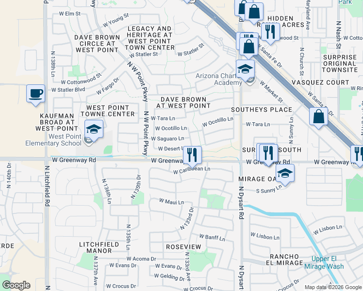 map of restaurants, bars, coffee shops, grocery stores, and more near 13327 West Desert Lane in Surprise