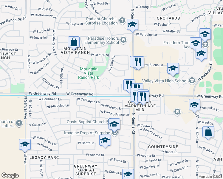 map of restaurants, bars, coffee shops, grocery stores, and more near 15616 West Caribbean Lane in Surprise