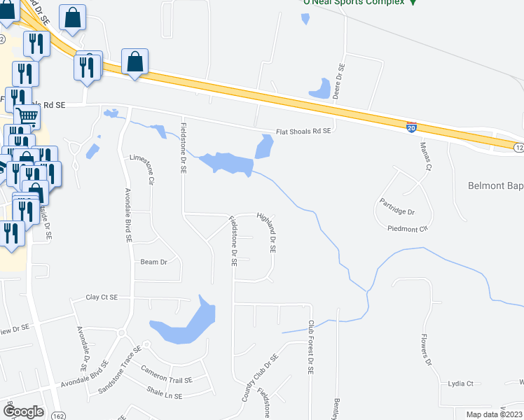 map of restaurants, bars, coffee shops, grocery stores, and more near 2508 Highland Drive Southeast in Conyers