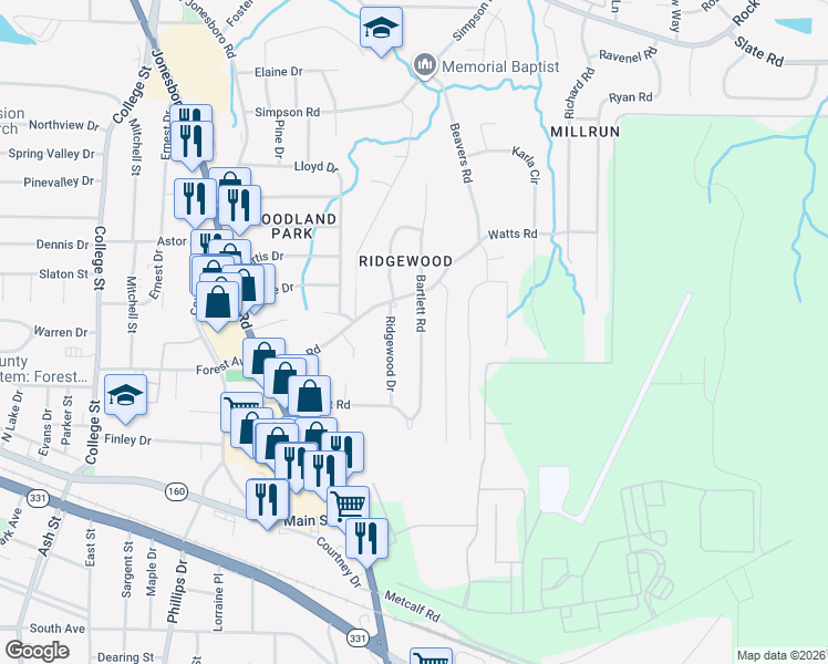 map of restaurants, bars, coffee shops, grocery stores, and more near 4728 Bartlett Road in Forest Park