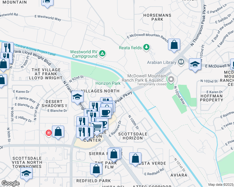 map of restaurants, bars, coffee shops, grocery stores, and more near 15225 North 100th Street in Scottsdale
