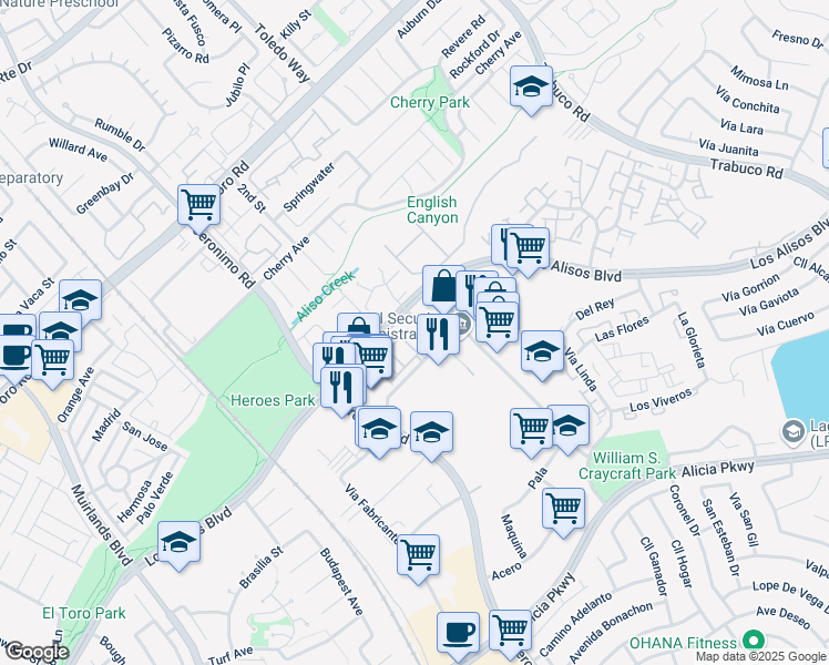 map of restaurants, bars, coffee shops, grocery stores, and more near 31 Aliso Ridge Loop in Mission Viejo