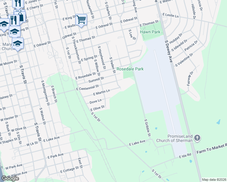 map of restaurants, bars, coffee shops, grocery stores, and more near 1002 East Centennial Street in Sherman