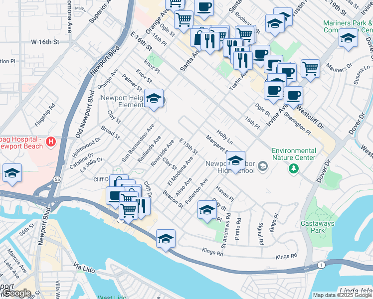 map of restaurants, bars, coffee shops, grocery stores, and more near 542 Tustin Avenue in Newport Beach