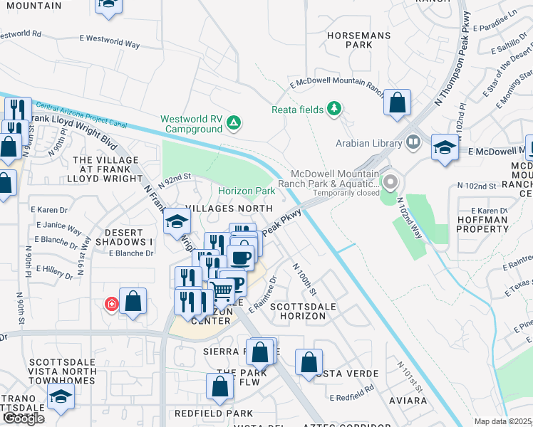 map of restaurants, bars, coffee shops, grocery stores, and more near 15225 North 100th Street in Scottsdale