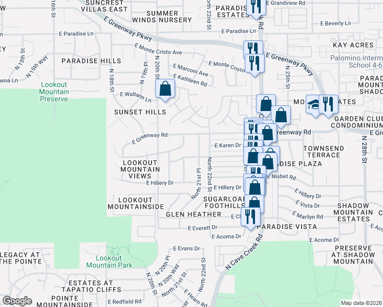 map of restaurants, bars, coffee shops, grocery stores, and more near 2118 East Karen Drive in Phoenix