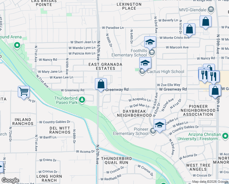 map of restaurants, bars, coffee shops, grocery stores, and more near 6618 West Zoe Ella Way in Glendale